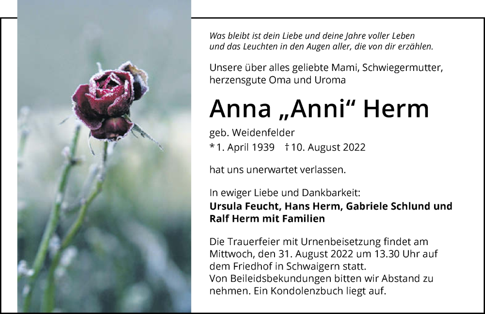  Traueranzeige für Anna Herm vom 27.08.2022 aus GESAMT