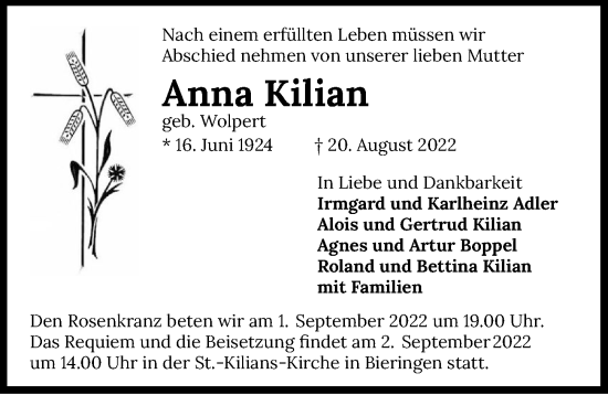 Traueranzeige von Anna Kilian von GESAMT