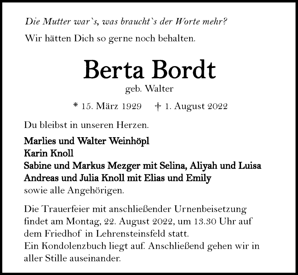  Traueranzeige für Berta Bordt vom 13.08.2022 aus GESAMT