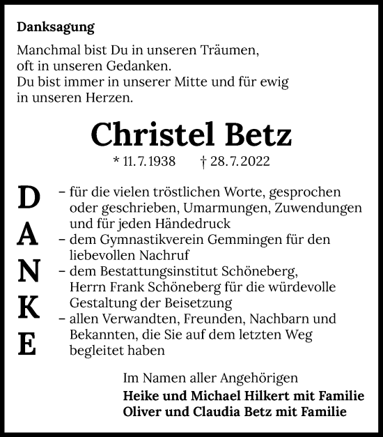Traueranzeige von Christel Betz von GESAMT