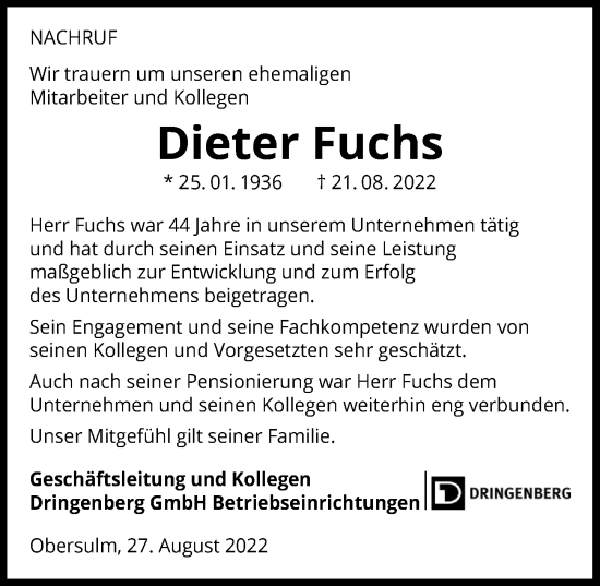 Traueranzeige von Dieter Fuchs
