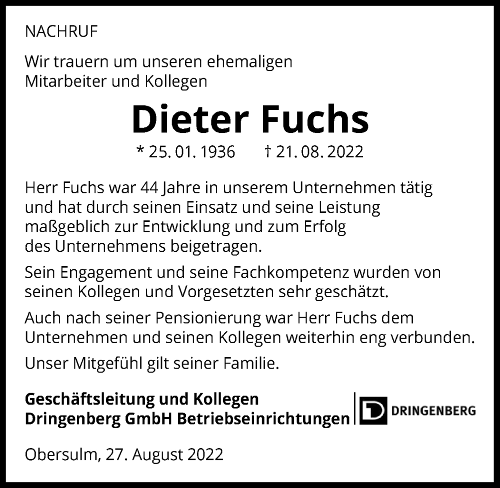  Traueranzeige für Dieter Fuchs vom 27.08.2022 aus GESAMT