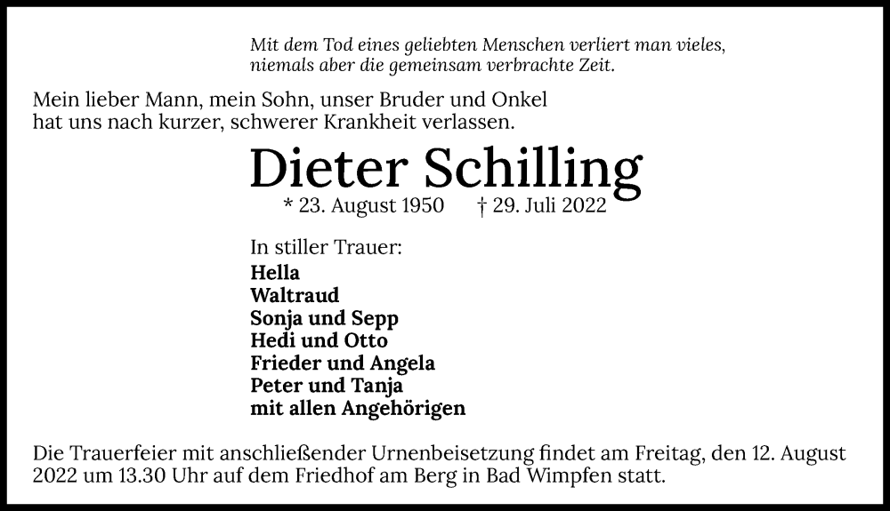  Traueranzeige für Dieter Schilling vom 05.08.2022 aus GESAMT