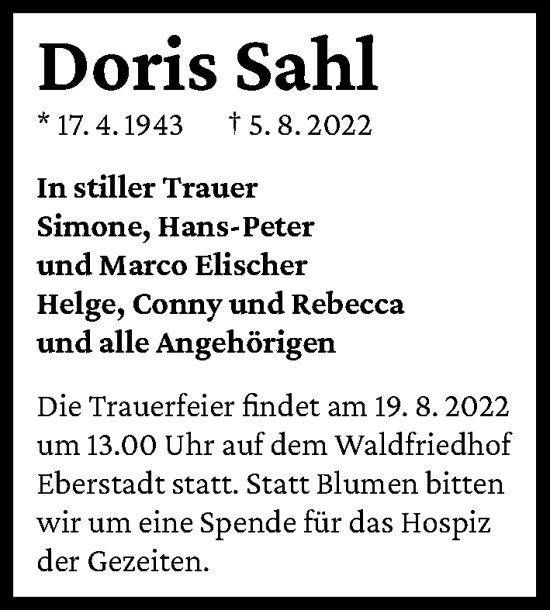 Traueranzeige von Doris Sahl von GESAMT