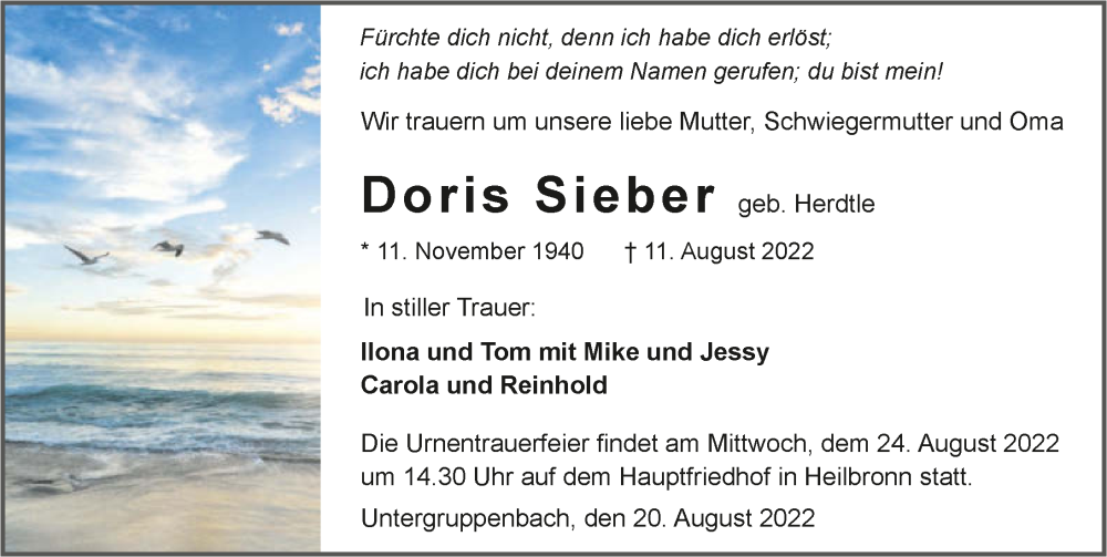  Traueranzeige für Doris Sieber vom 20.08.2022 aus GESAMT