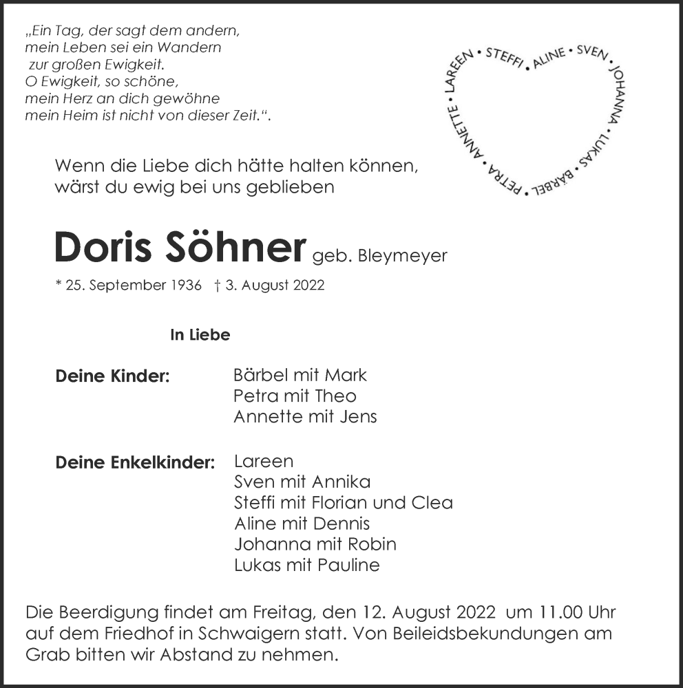  Traueranzeige für Doris Söhner vom 06.08.2022 aus GESAMT