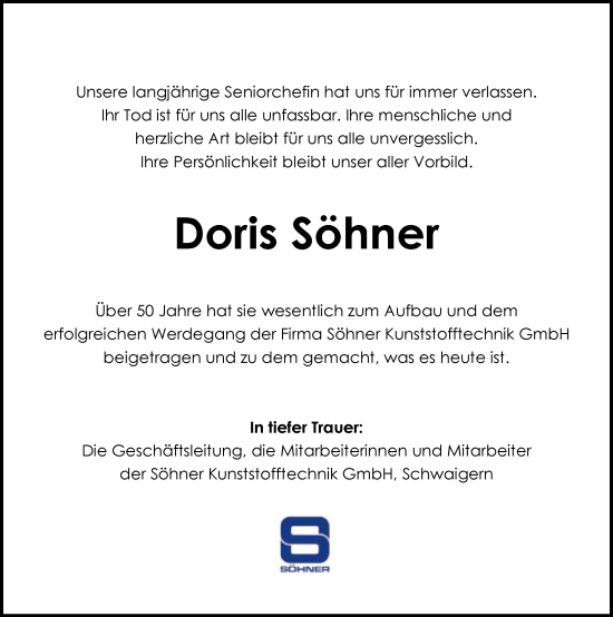 Traueranzeige von Doris Söhner von GESAMT