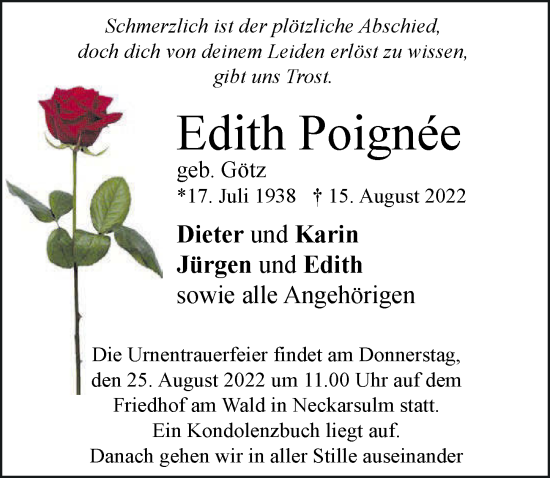 Traueranzeige von Edith Poignee von GESAMT