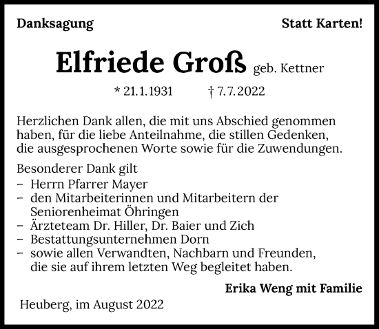 Traueranzeige von Elfriede Groß von GESAMT