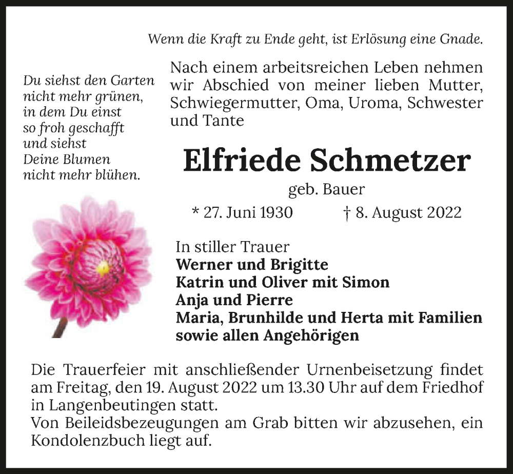  Traueranzeige für Elfriede Schmetzer vom 17.08.2022 aus GESAMT