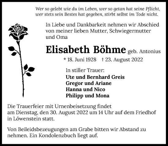 Traueranzeige von Elisabeth Böhme von GESAMT