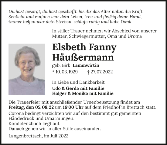 Traueranzeige von Elsbeth Häußermann von GESAMT