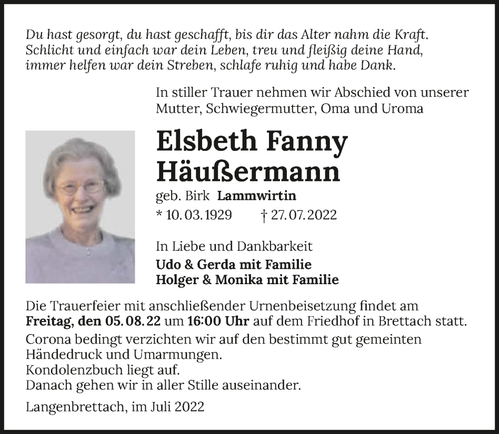  Traueranzeige für Elsbeth Häußermann vom 03.08.2022 aus GESAMT