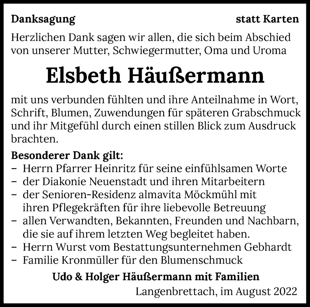  Traueranzeige für Elsbeth Häußermann vom 13.08.2022 aus GESAMT