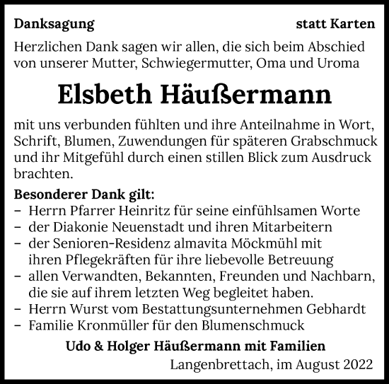 Traueranzeige von Elsbeth Häußermann von GESAMT