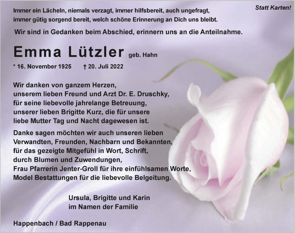  Traueranzeige für Emma Lützler vom 13.08.2022 aus GESAMT