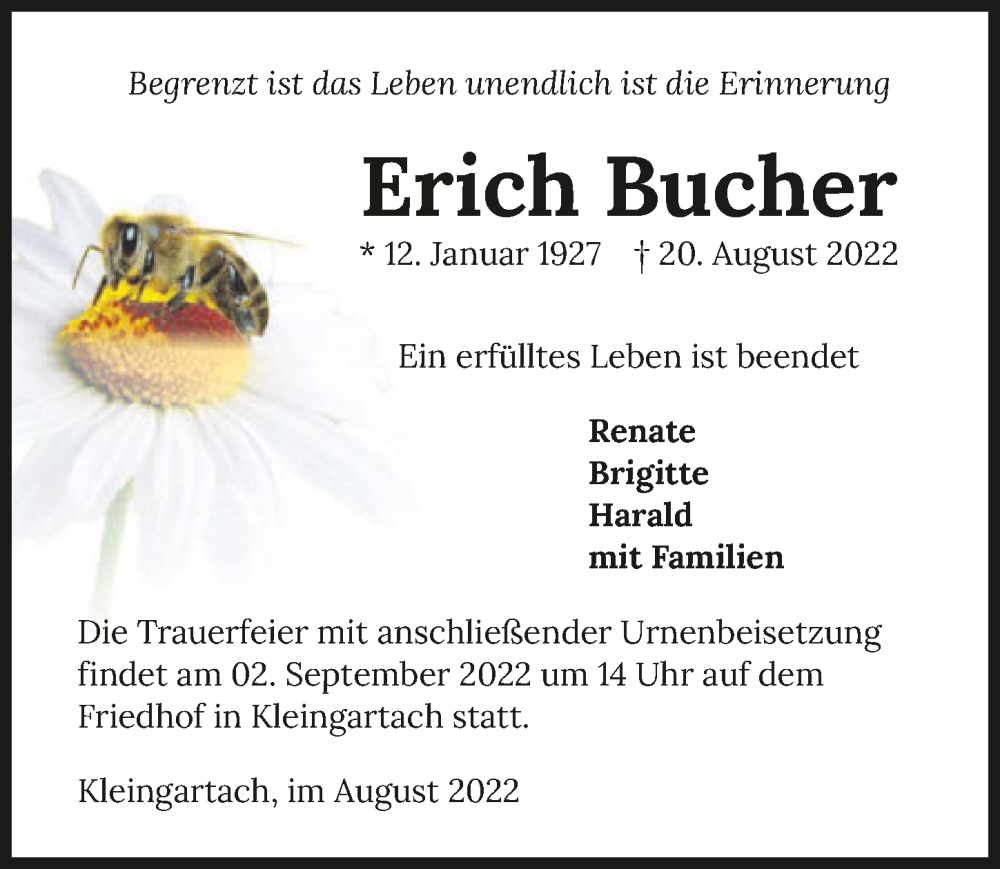  Traueranzeige für Erich Bucher vom 30.08.2022 aus GESAMT
