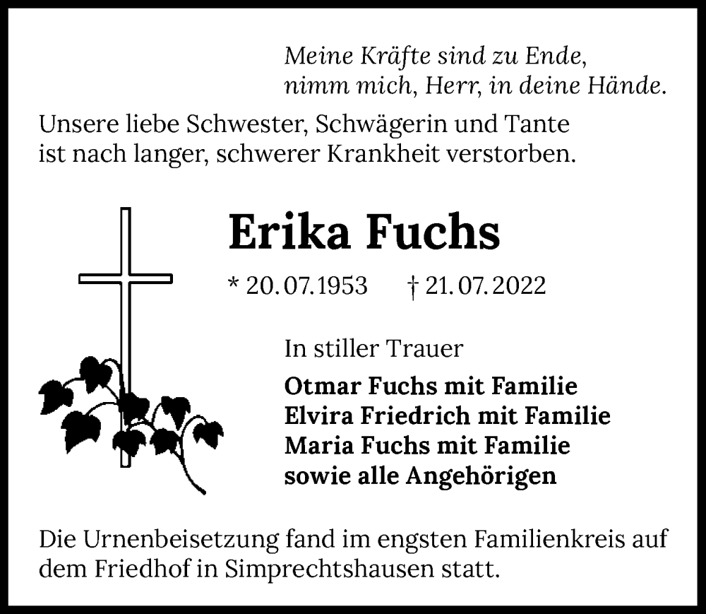  Traueranzeige für Erika Fuchs vom 13.08.2022 aus GESAMT