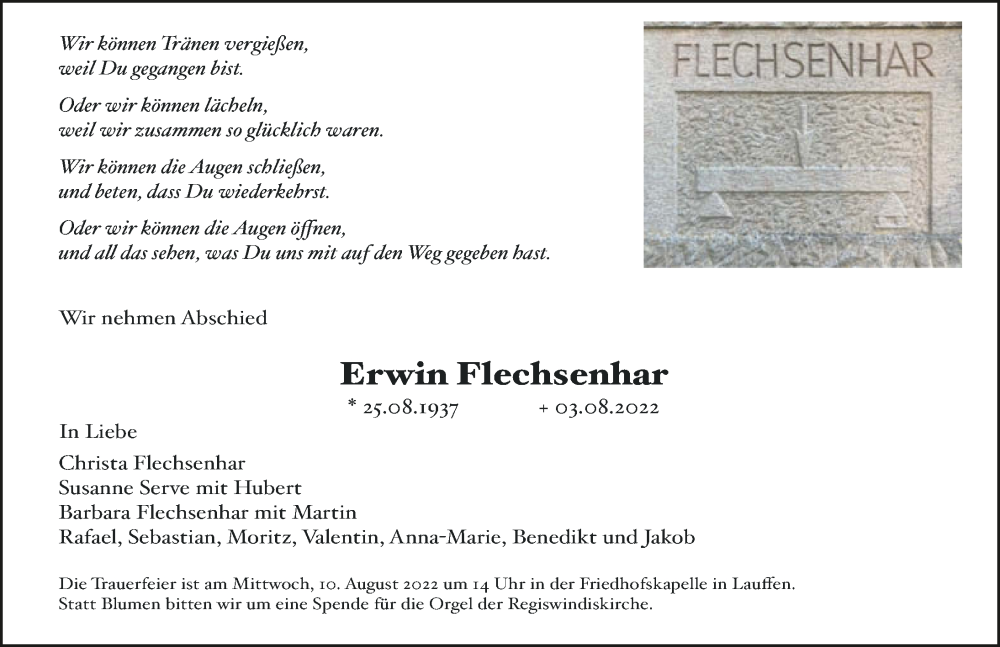  Traueranzeige für Erwin Flechsenhar vom 06.08.2022 aus GESAMT