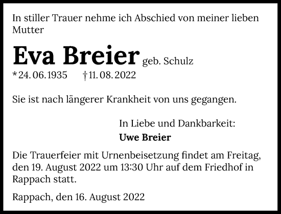 Traueranzeige von Eva Breier von GESAMT