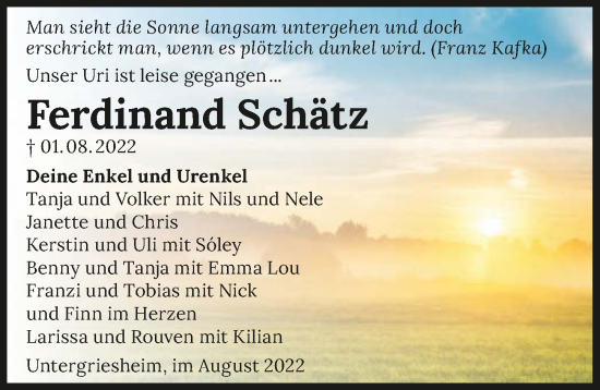 Traueranzeige von Ferdinand Schätz von GESAMT