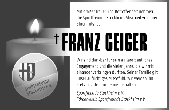 Traueranzeige von Franz Geiger von GESAMT