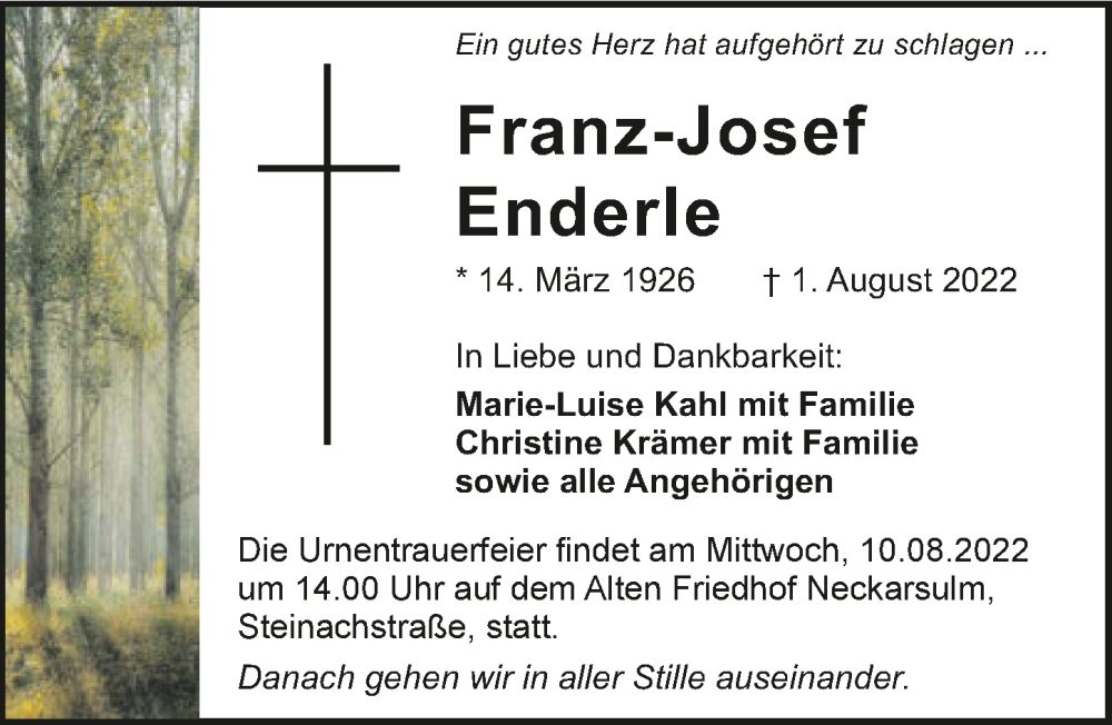  Traueranzeige für Franz-Josef Enderle vom 06.08.2022 aus GESAMT