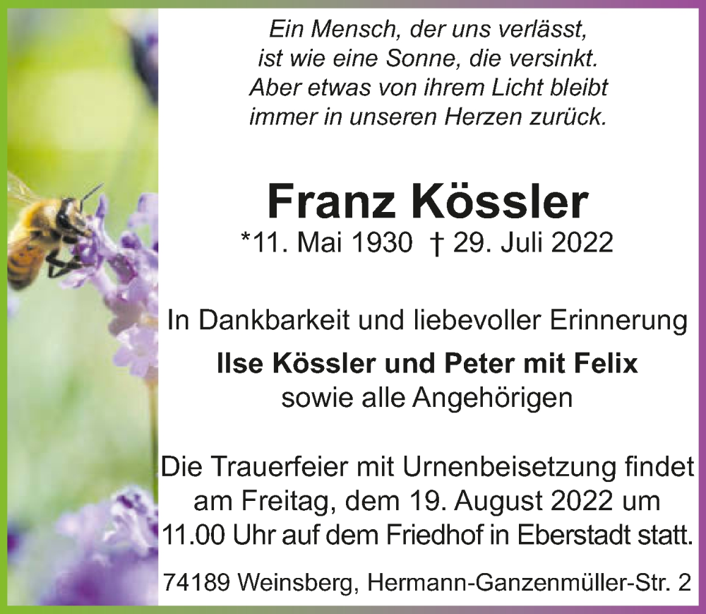  Traueranzeige für Franz Kössler vom 15.08.2022 aus GESAMT