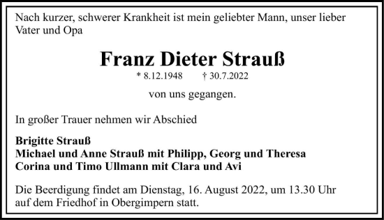 Traueranzeige von Franz Dieter Strauß von GESAMT