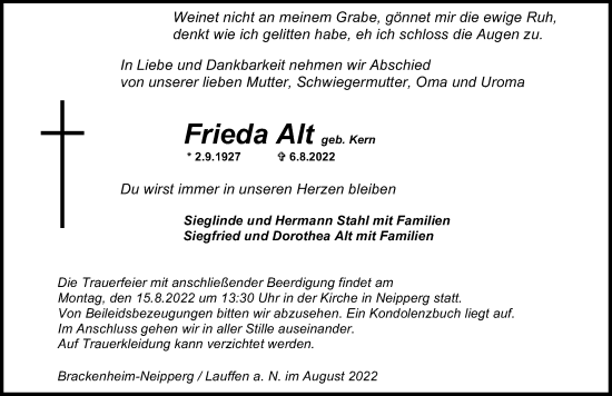 Traueranzeige von Frieda Alt von GESAMT