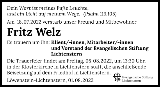Traueranzeige von Fritz Welz von GESAMT