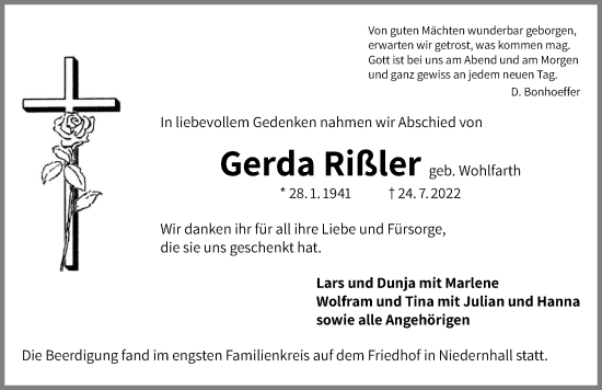 Traueranzeige von Gerda Rißler von GESAMT
