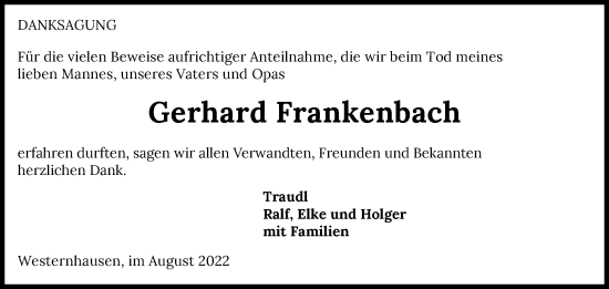 Traueranzeige von Gerhard Frankenbach von GESAMT