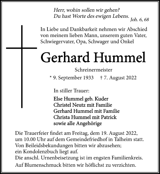Traueranzeige von Gerhard Hummel von GESAMT