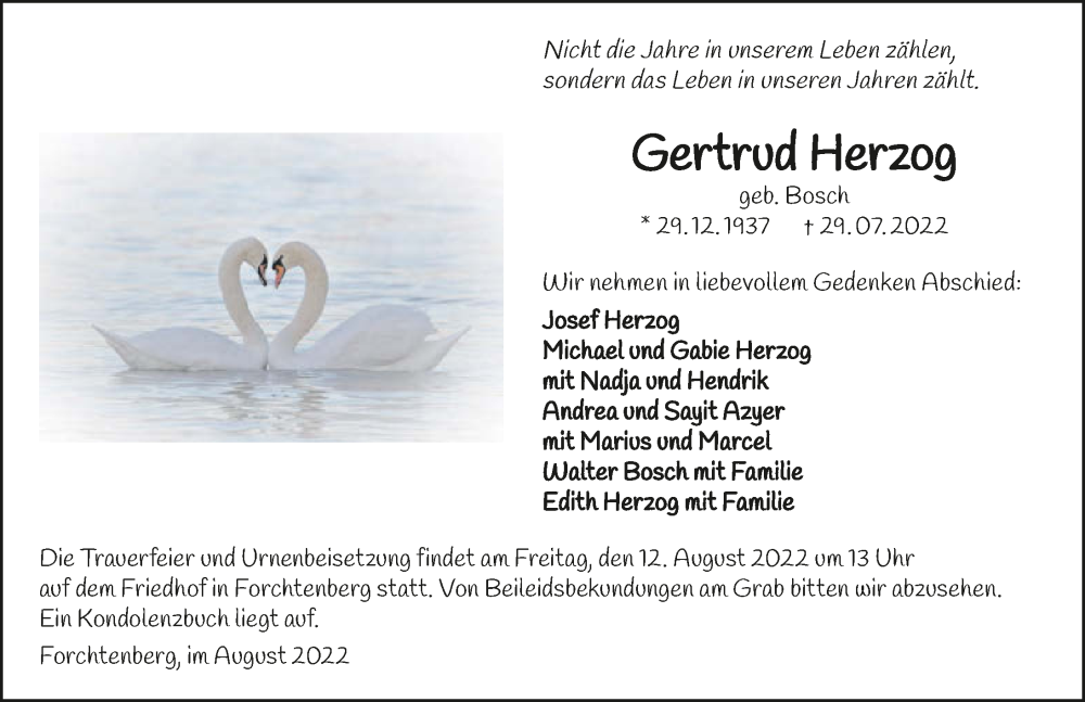  Traueranzeige für Gertrud Herzog vom 09.08.2022 aus GESAMT
