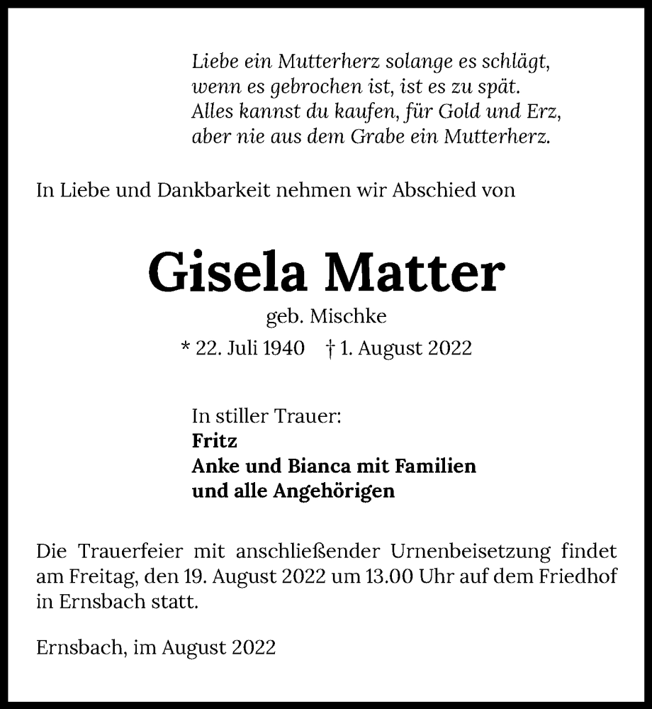 Traueranzeige für Gisela Matter vom 15.08.2022 aus GESAMT