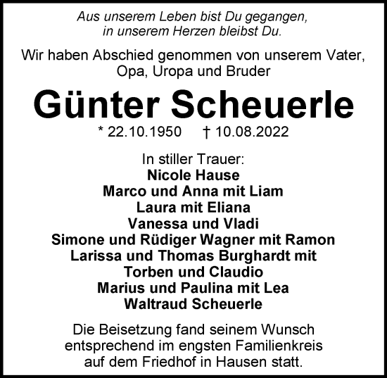 Traueranzeige von Günter Scheuerle von GESAMT