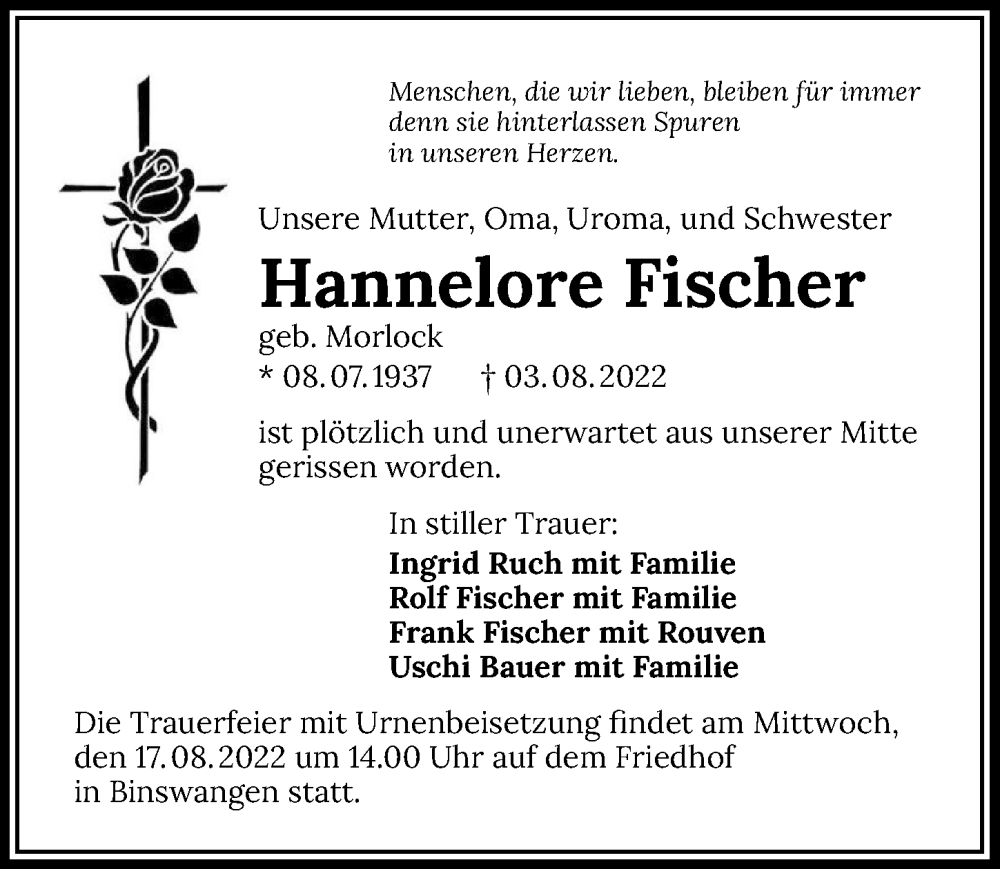  Traueranzeige für Hannelore Fischer vom 13.08.2022 aus GESAMT