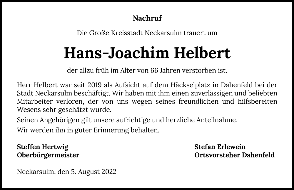  Traueranzeige für Hans-Joachim Helbert vom 05.08.2022 aus GESAMT
