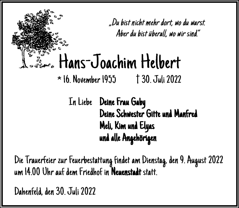  Traueranzeige für Hans-Joachim Helbert vom 05.08.2022 aus GESAMT