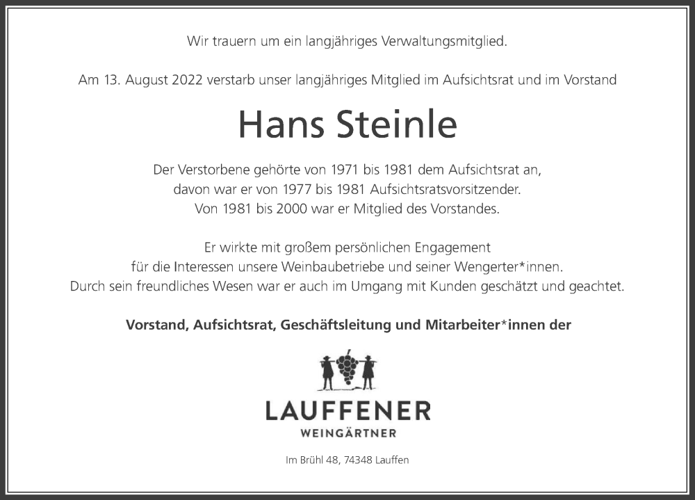  Traueranzeige für Hans Steinle vom 17.08.2022 aus GESAMT