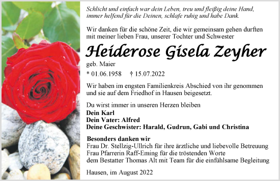 Traueranzeige von Heiderose Gisela Zeyher von GESAMT