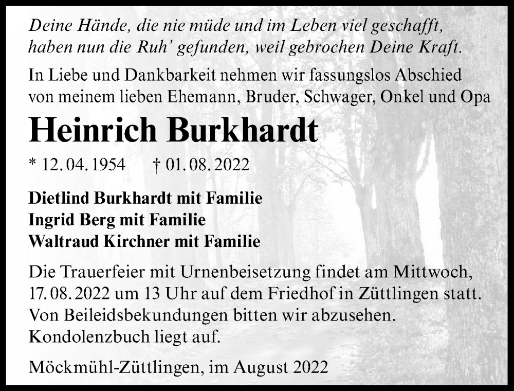  Traueranzeige für Heinrich Burkhardt vom 13.08.2022 aus GESAMT