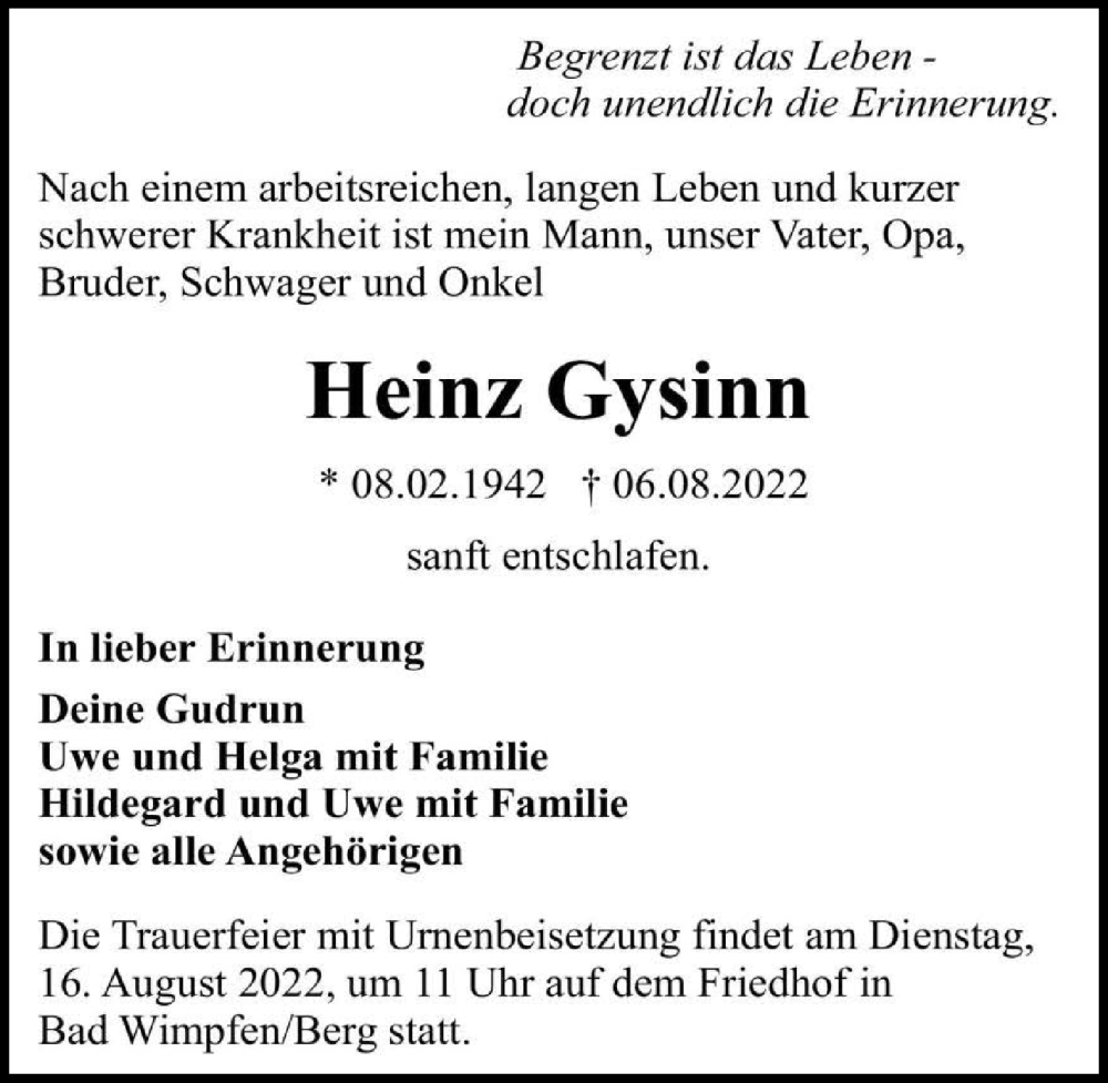  Traueranzeige für Heinz Gysinn vom 13.08.2022 aus GESAMT