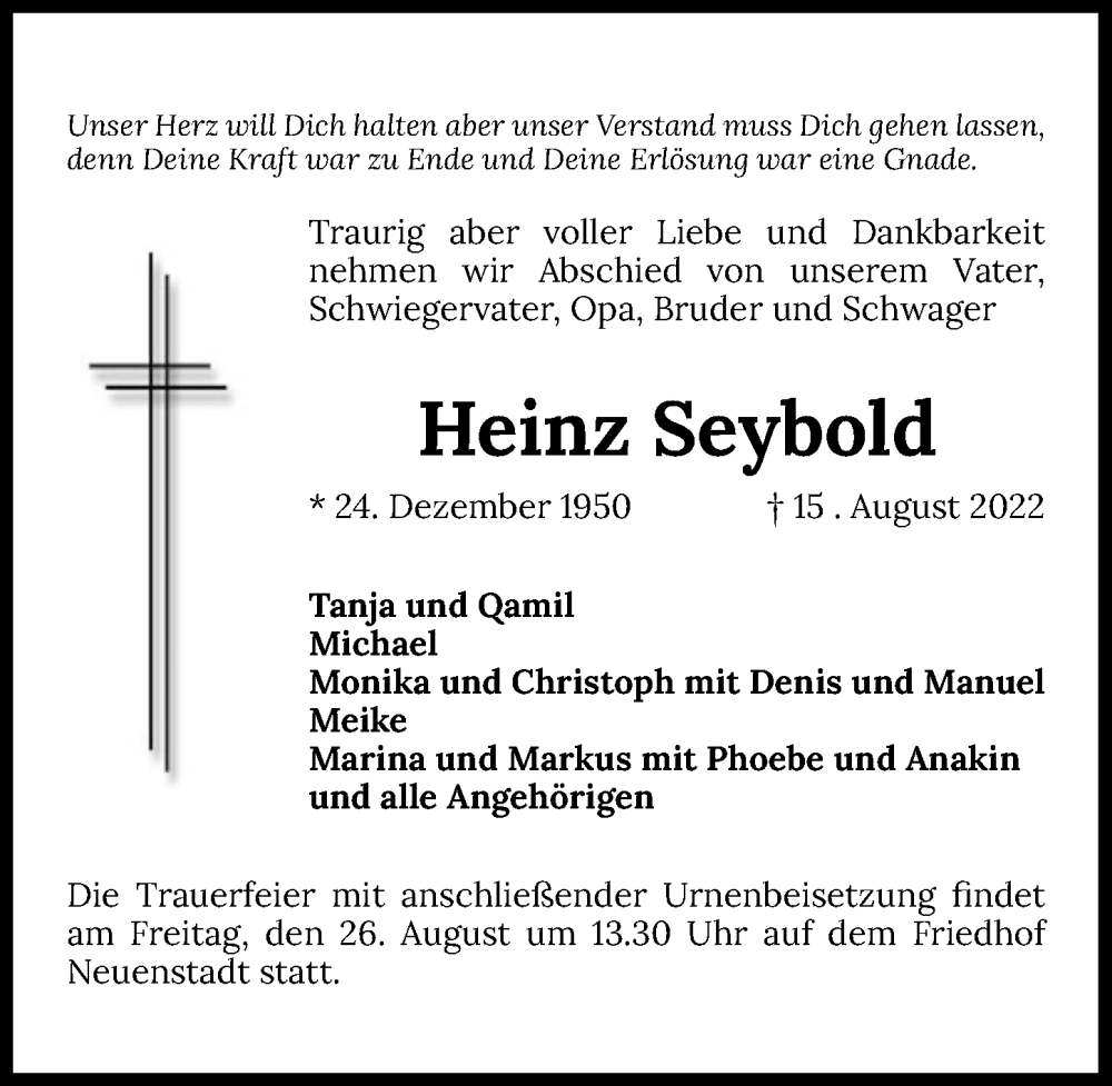  Traueranzeige für Heinz Seybold vom 24.08.2022 aus GESAMT
