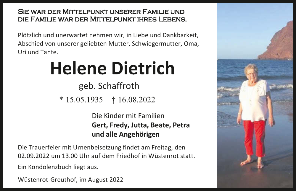  Traueranzeige für Helene Dietrich vom 27.08.2022 aus GESAMT