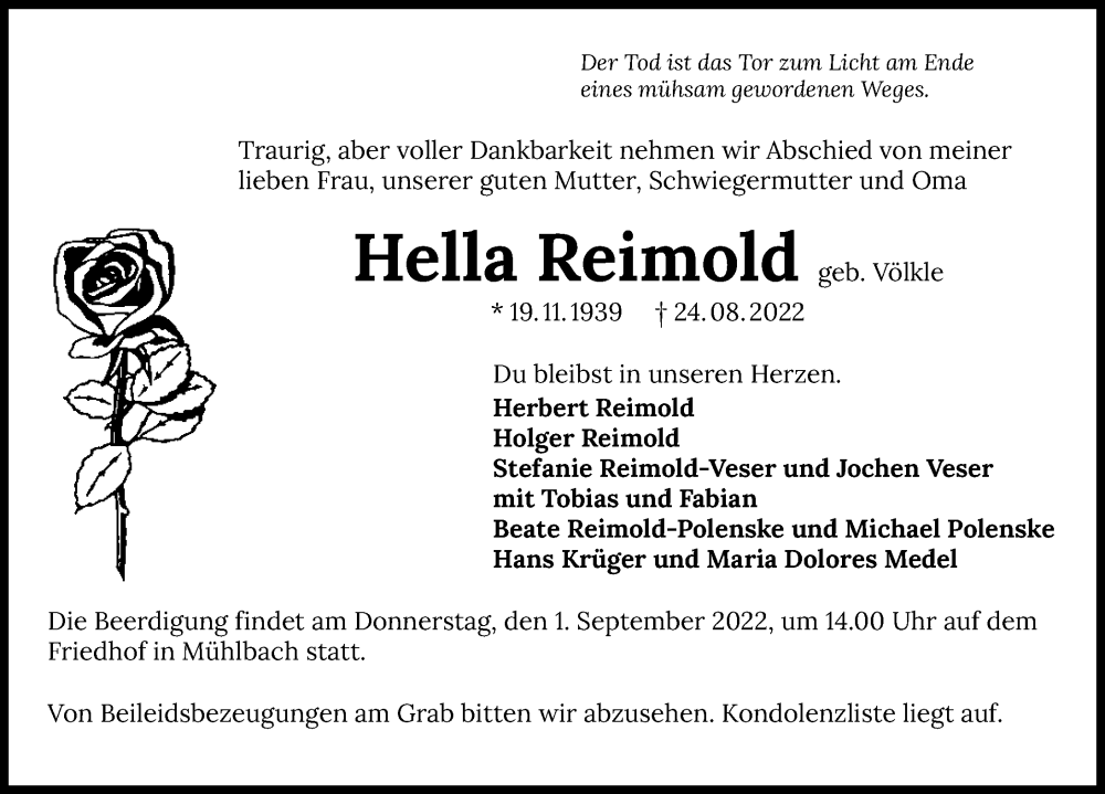  Traueranzeige für Hella Reimold vom 30.08.2022 aus GESAMT