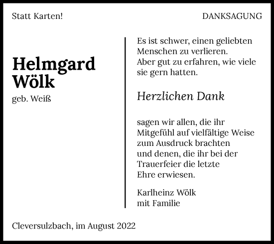 Traueranzeige von Helmgard Wölk von GESAMT