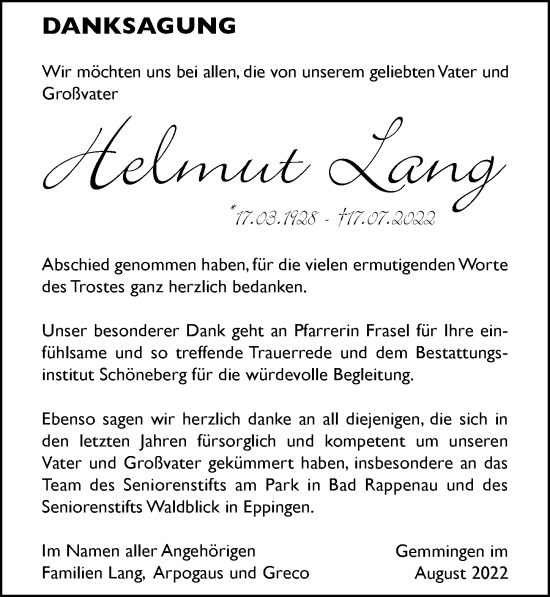 Traueranzeige von Helmut Lang von GESAMT
