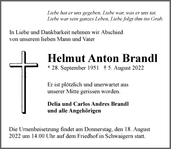 Traueranzeige von Helmut Anton Brandl von GESAMT